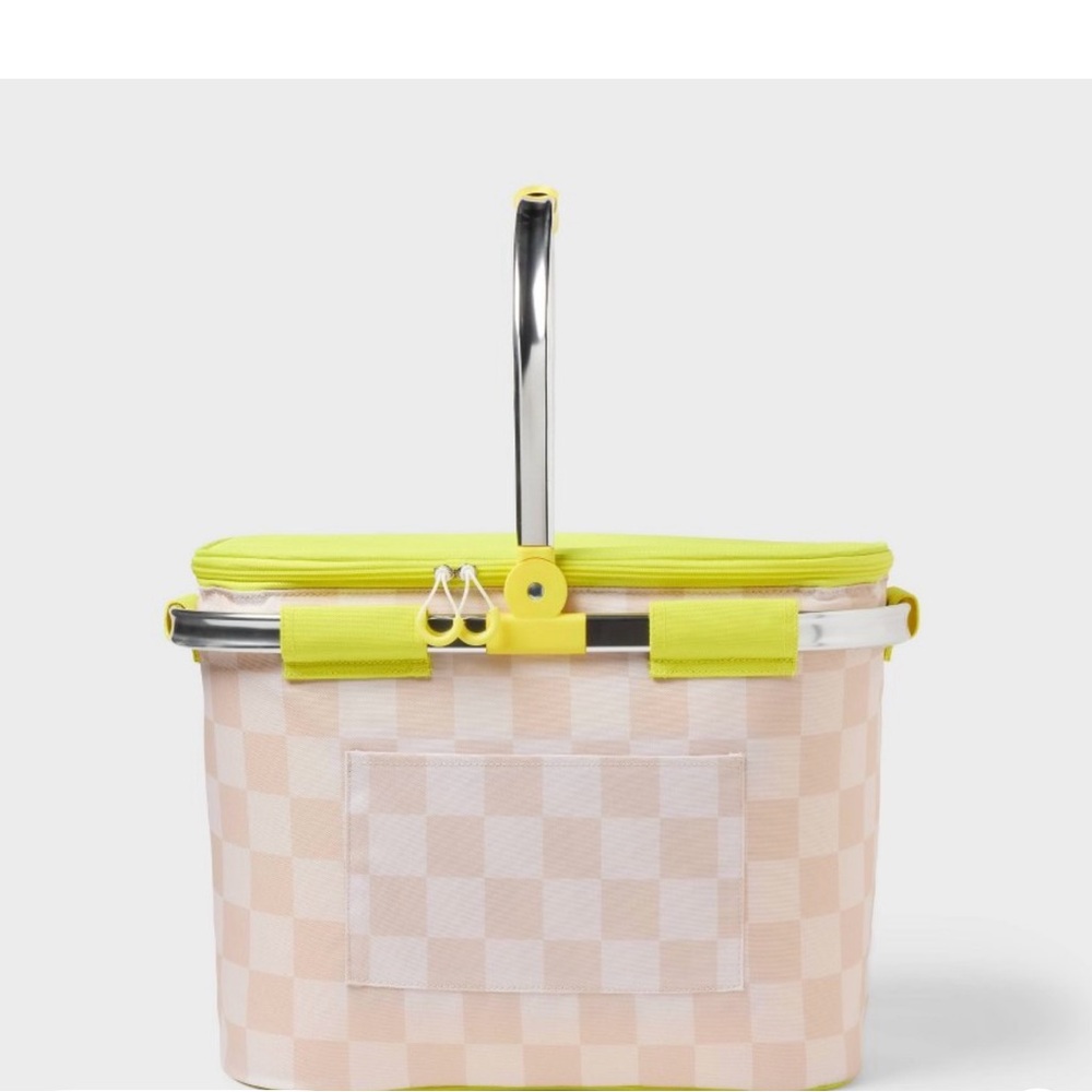 Collapsible Checkered Picnic Basket W/Yellow Accents, Soft Sided